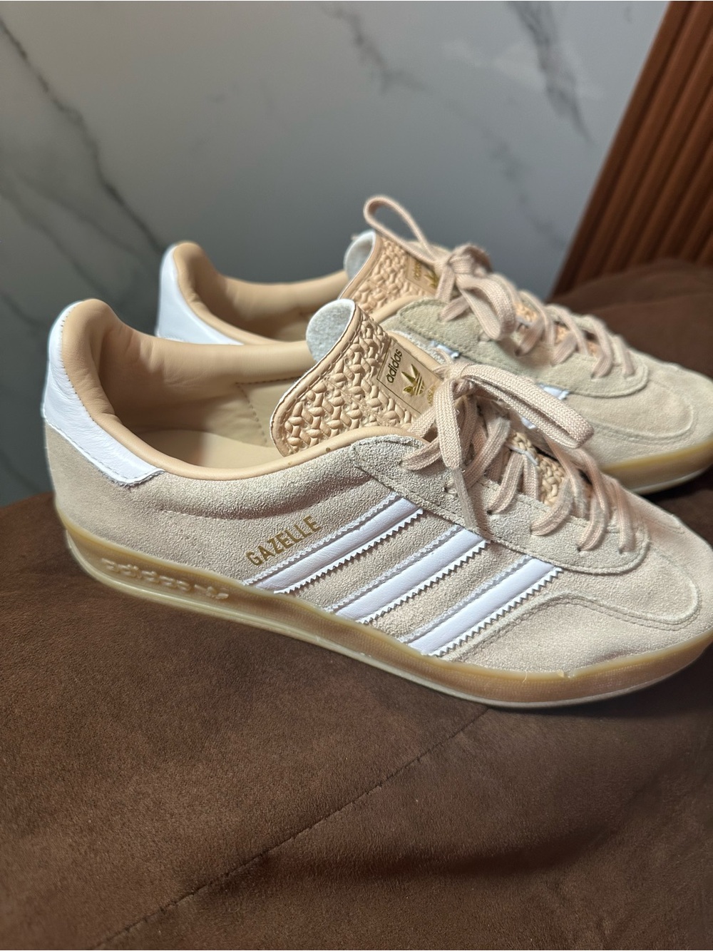 adidas Gazelle Women’s Sneakers in Beige and White with Gum Sole